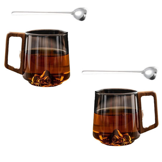 Smokey Glass Coffee Cups With Wooden Handle