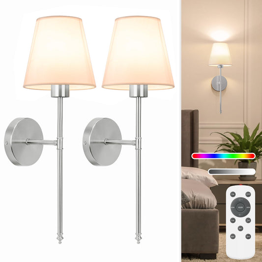 Gold Rechargeable Battery Operated Wall Sconce Set of 2, with Dimmable Bulbs and Remote