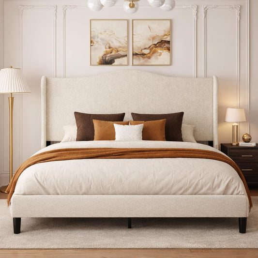 King Bed Frame with Extra Tall 55.5" Wingback Headboard, White Boucle Upholstered Platform Bed Frame, Modern Cloud Bed, Noise-Free, Metal Slats Support, No Box Spring Needed