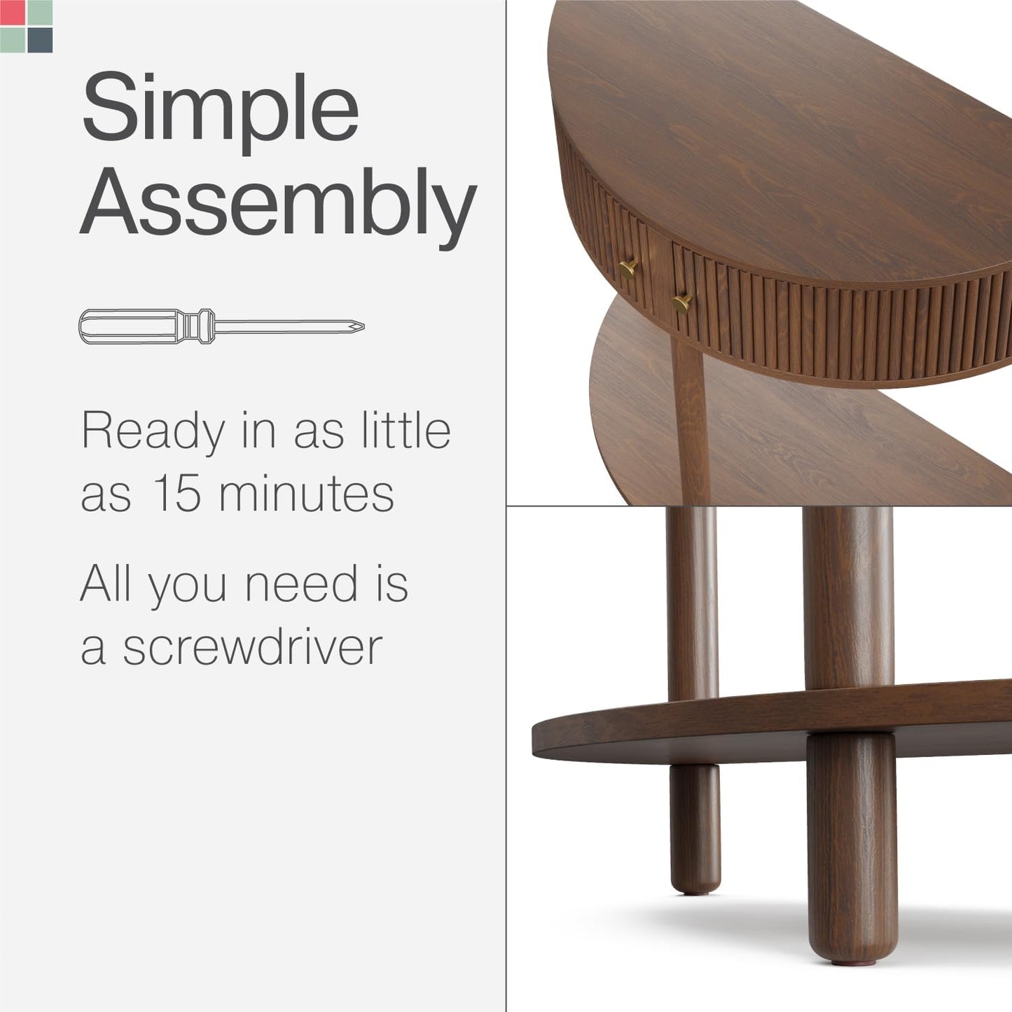 Fluted Half Moon Shaped Console Table - Small Entry Desk - Living Room Furniture - Modern Home Decor - Solid Wood Entryway Table with Two Doors and Brass Knobs (Walnut)