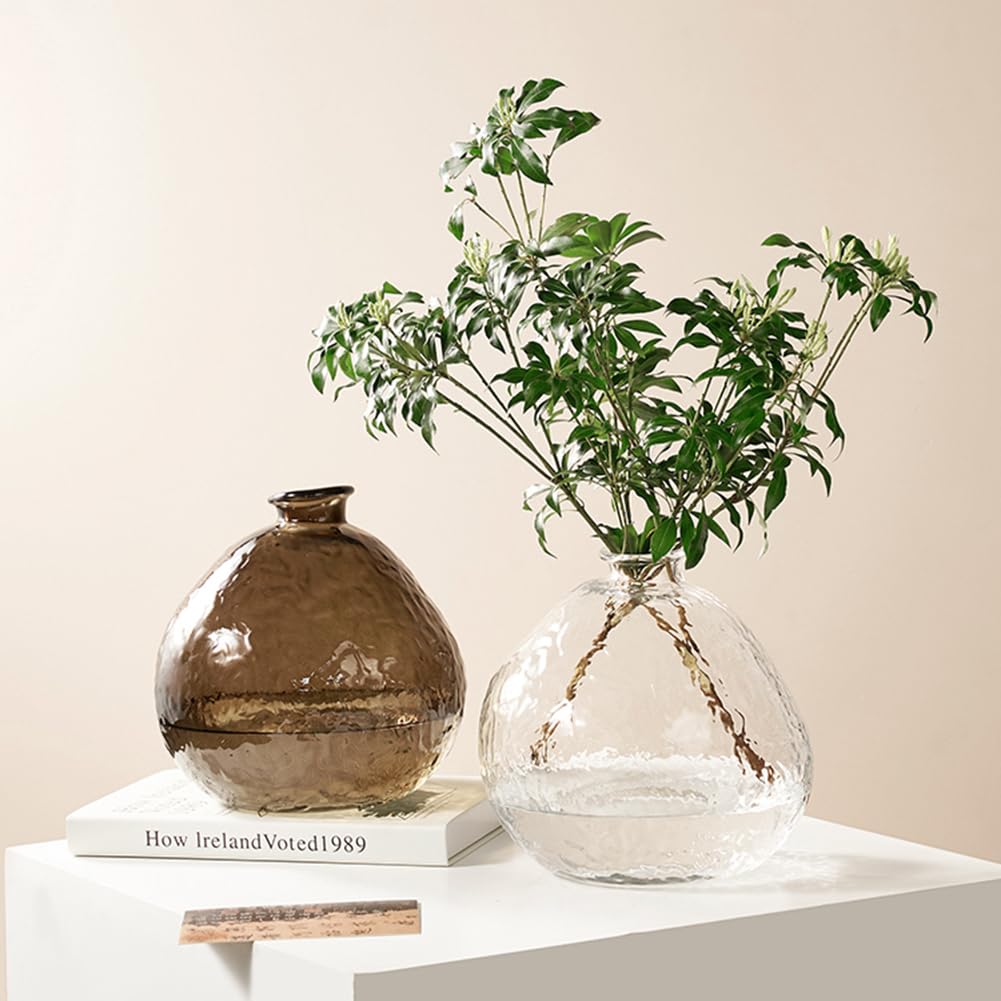 Unique Hammered Brown Glass Vase for Plants Decor Ribbed Embossed Flower Vases for Centerpieces Living Room Entrance Table Decoration,Brown