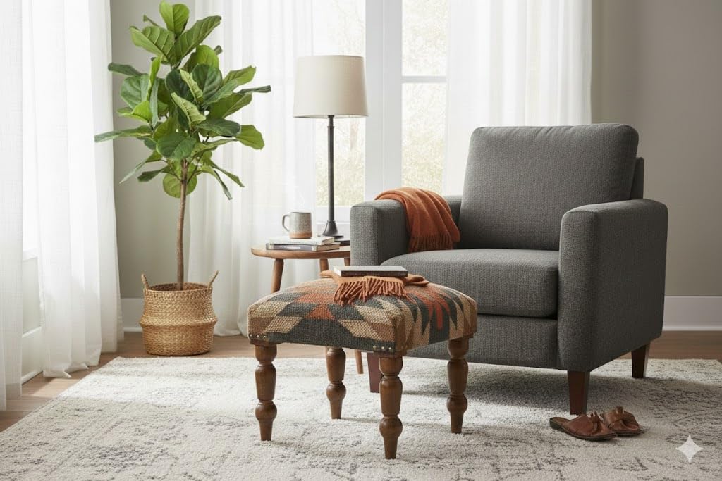 Handmade Jute Ottoman Stool with Wooden Legs