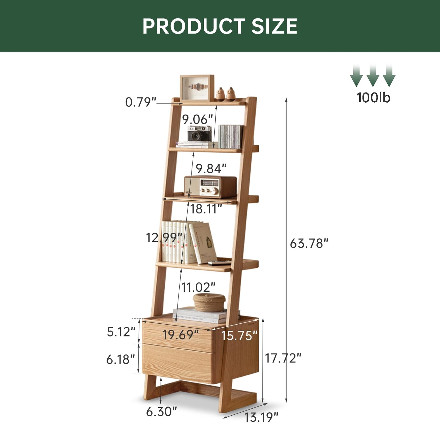 Solid Oak 3 Tier Ladder Bookshelf