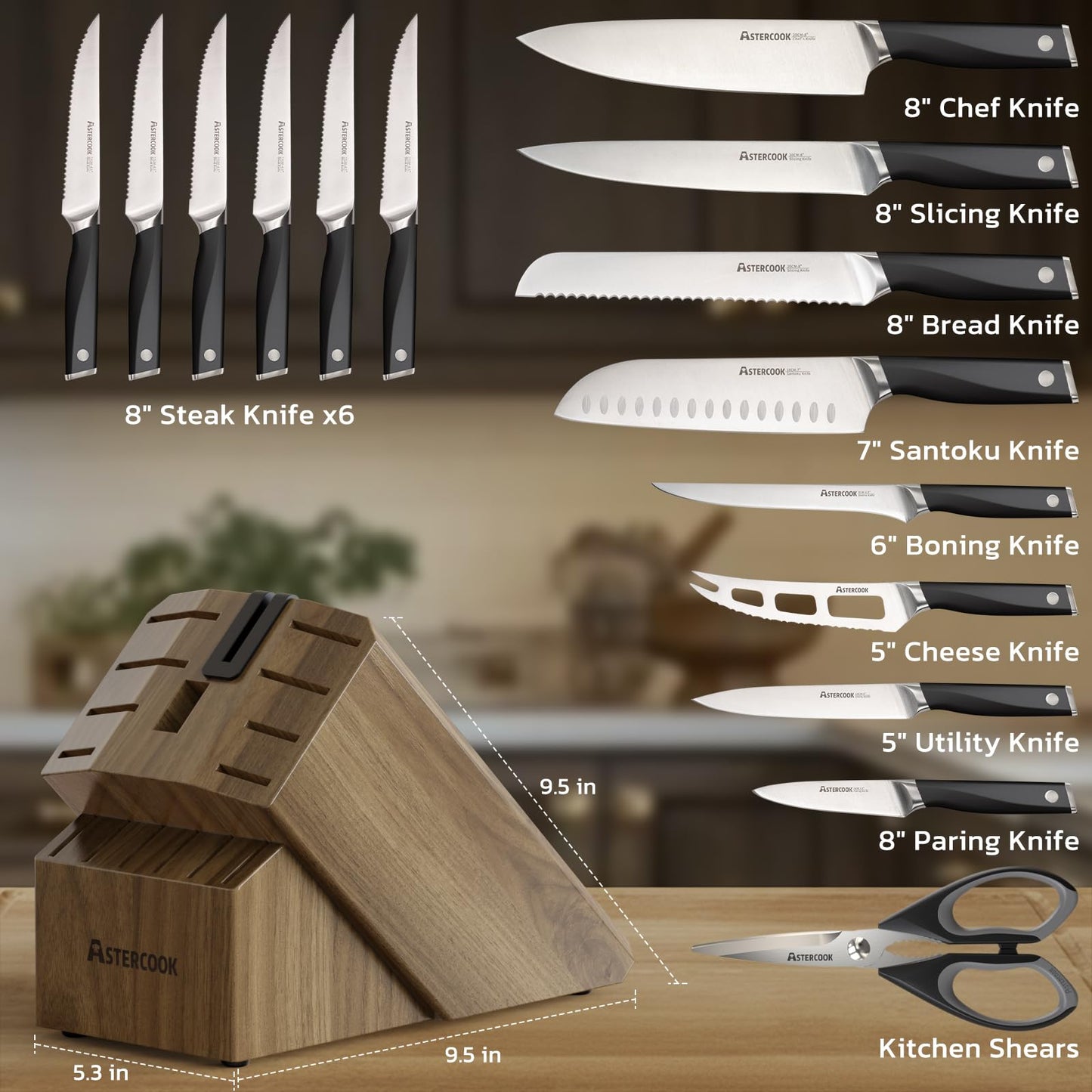 Astercook Knife Set Kitchen with Block and Sharpener Premium Full Tang 17 Pcs German Stainless Steel Knives Dishwasher Safe Kitchen Utensils Set with with and Anti-slip Ergonomic Handle, Cream White