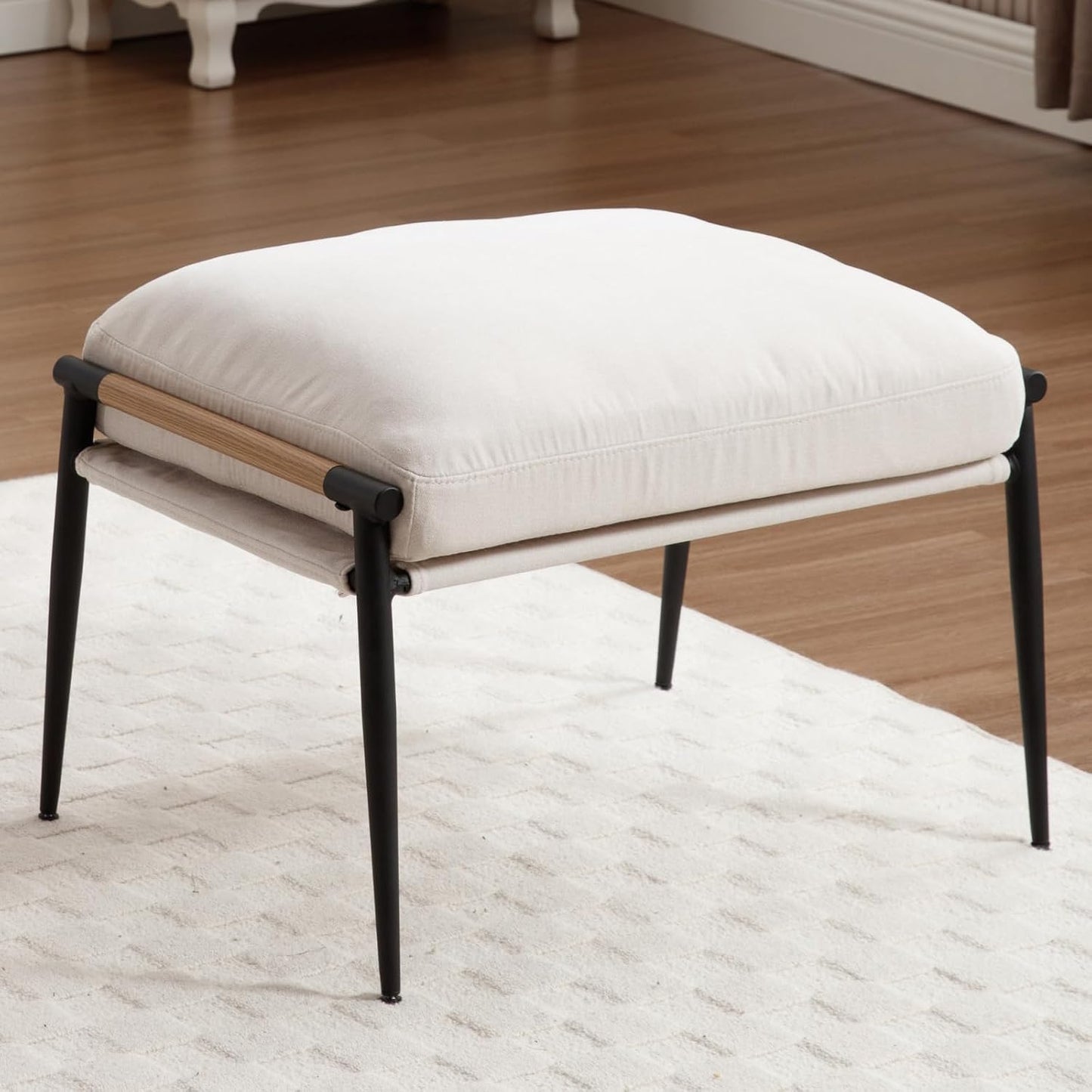 Chenille Upholstered Footstool with Black Legs