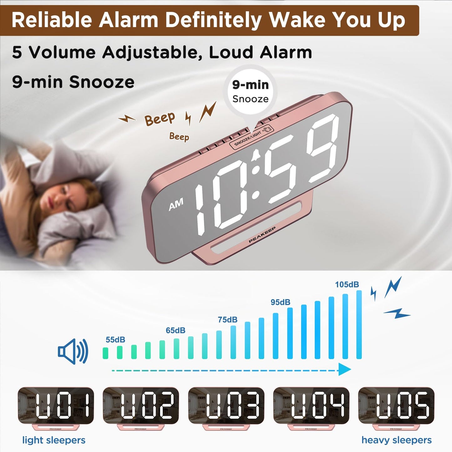 Peakeep Slim Digital Mirror Aesthetic Alarm Clock for Bedrooms Desk Decor - Plug in Electric Big LED Modern Small Clock for Office Living Room, Battery Backup, 6 Dimmers (Gold)