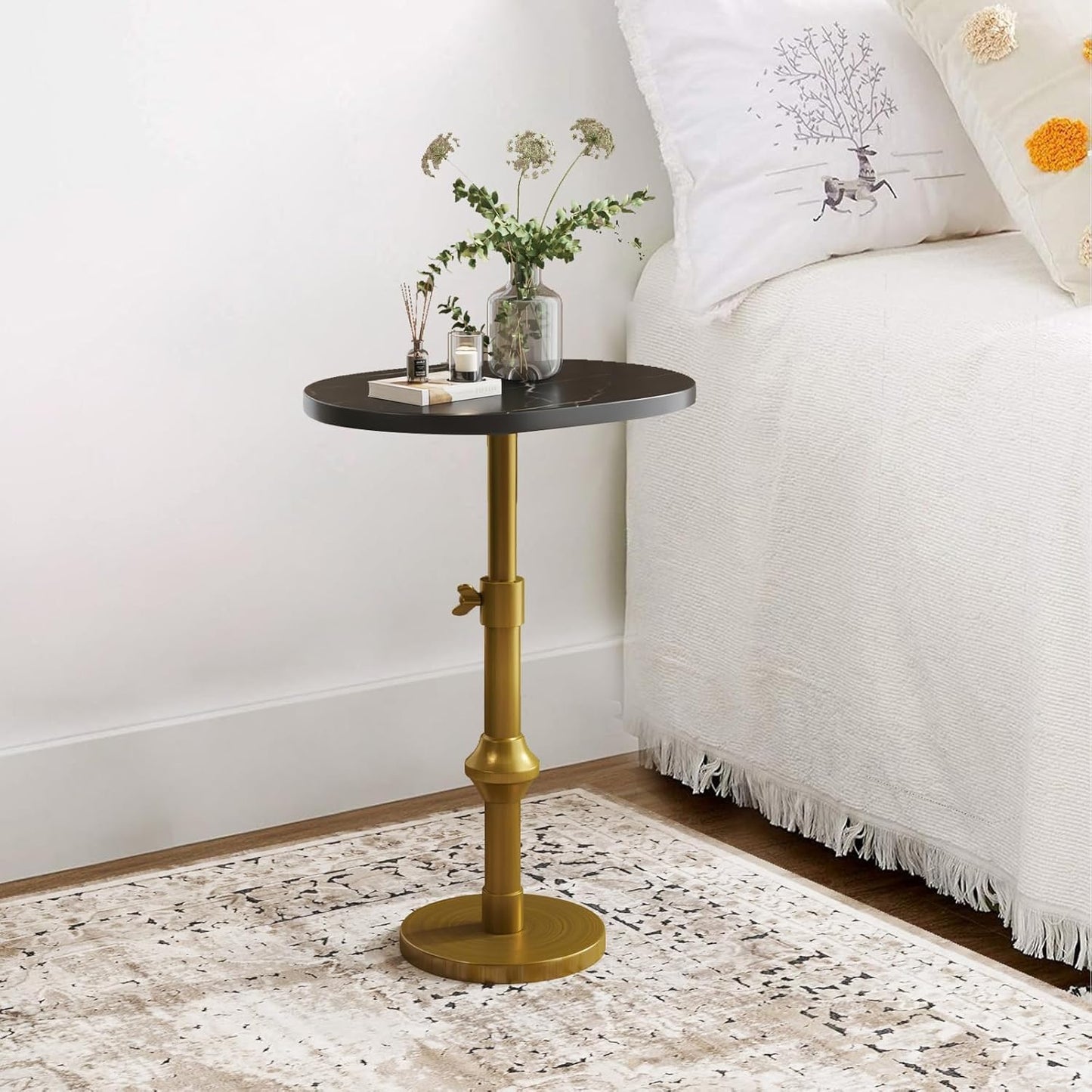 Adjustable Side Table with Antique Brass Stand Base