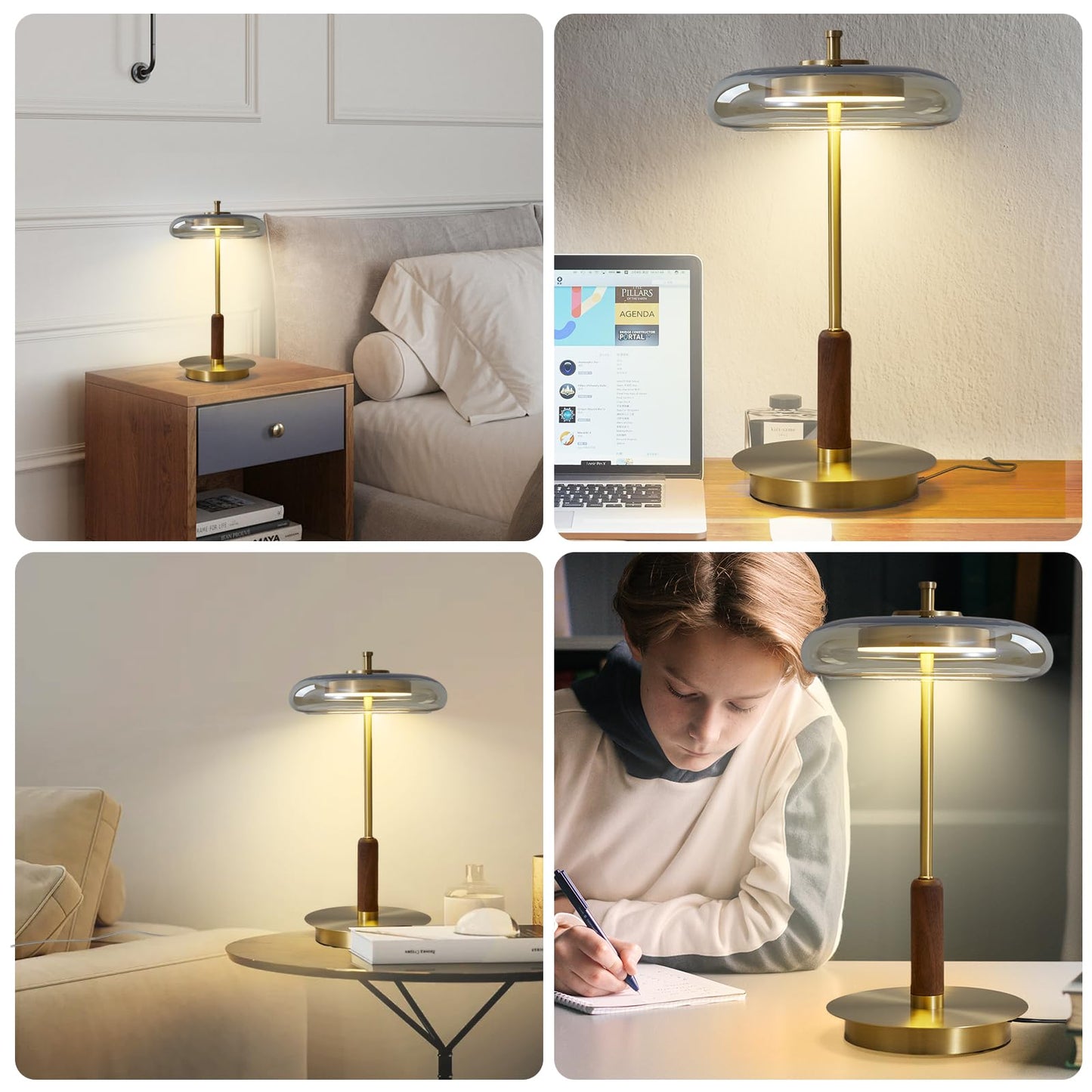 Brass Base Mushroom Table Lamp for Bedroom, Small Desk Lamp with Amber Glass Shade, LED Three Color Temperature Adjustable Brightness Modern Side Table Lighting (H 15.4 in)