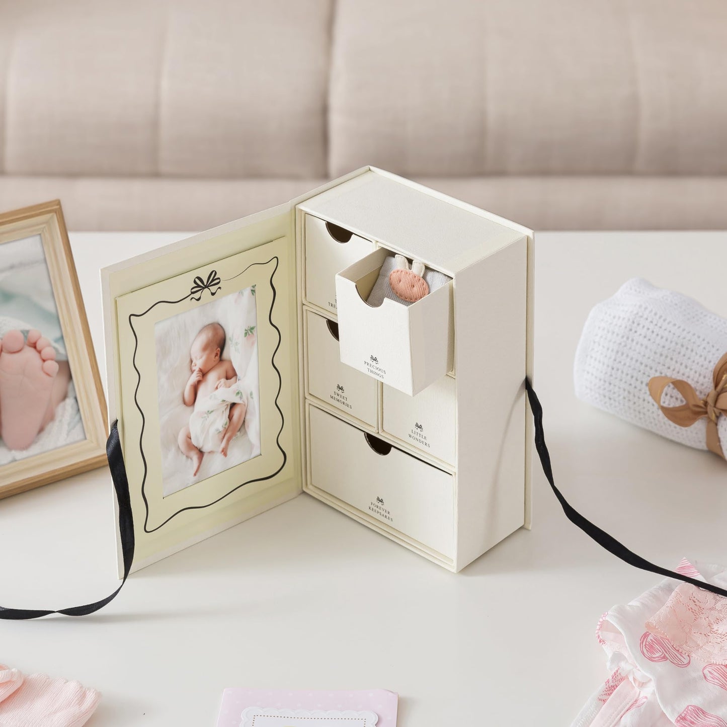 Soul & Lane Baby Keepsake Box with 5 Compartments, Baby Memory Box with Photo Frame, Newborn Storage Organizer for Girl and Boy, Memory Keeper for New Parents