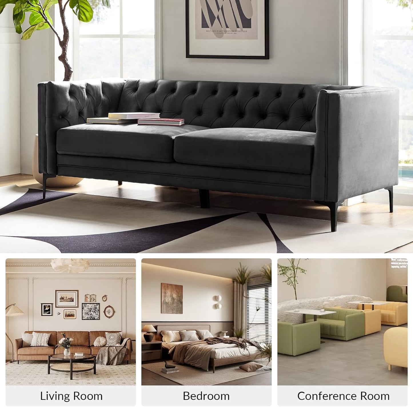 HULALA HOME 84" W Faux Leather Sofa Couch with Metal Legs, Button-Tufted 3-Seater Sofa, Mid Century Modern Contemporary Upholstered Couch for Living Room, Apartment, Charcoal