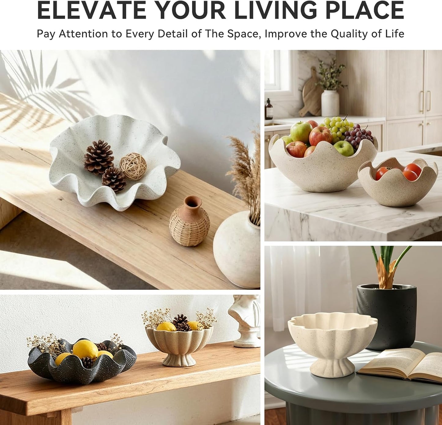 Scalloped Decorative Bowl Home Decor - 12.6" Modern Handicraft Large Shell Ruffle Decorative Fruit Bowl for Kitchen Counter, Chic Key Tray for Entryway Table, Artificial Stone Beige