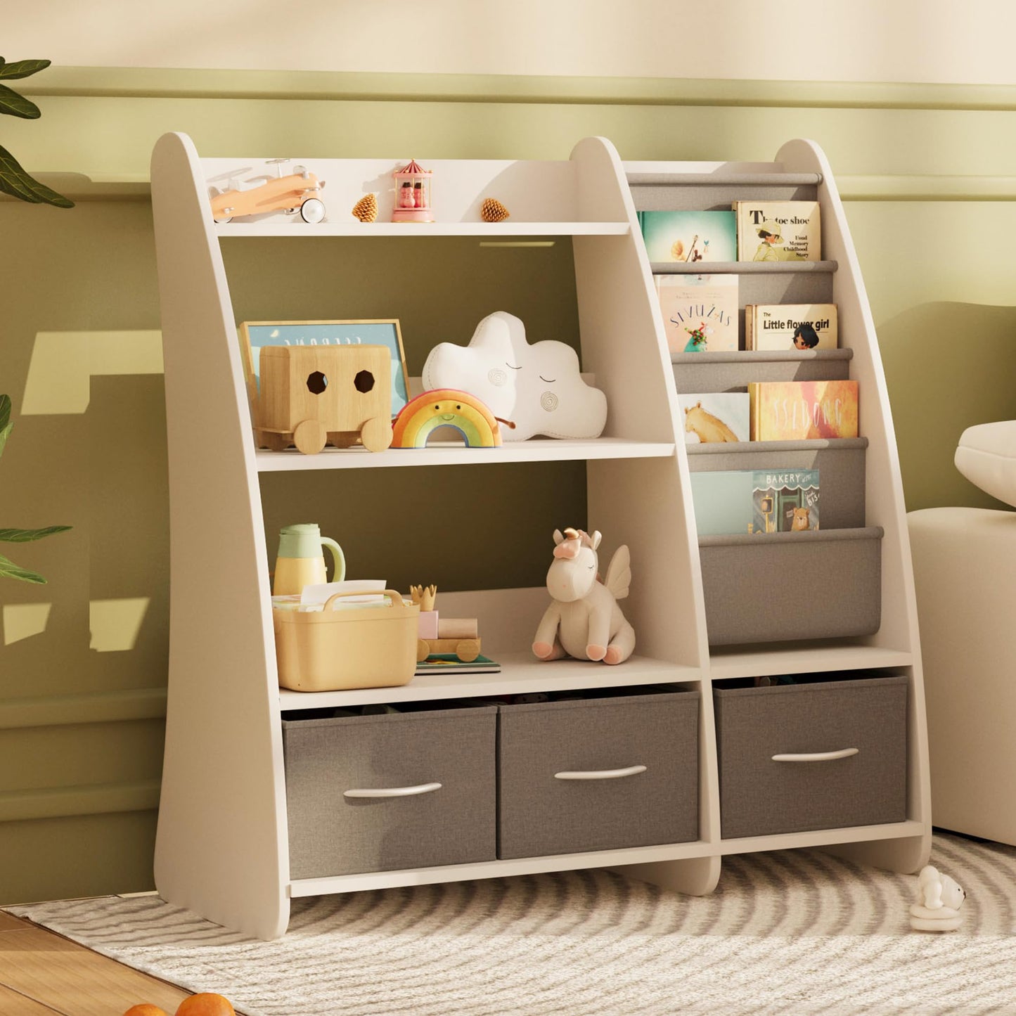 NACHES Kids Bookshelf and Toy Storage Organizer, Montessori Nursery Book Shelves with Sling Rack & Fabric Toy Bins, Children Toddler Baby Bookcase, Wooden Toy Shelf for Kids Room, Playroom, Burlywood