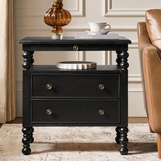 26" End Table with Charging Station and Transitional 2 Drawer Wood
