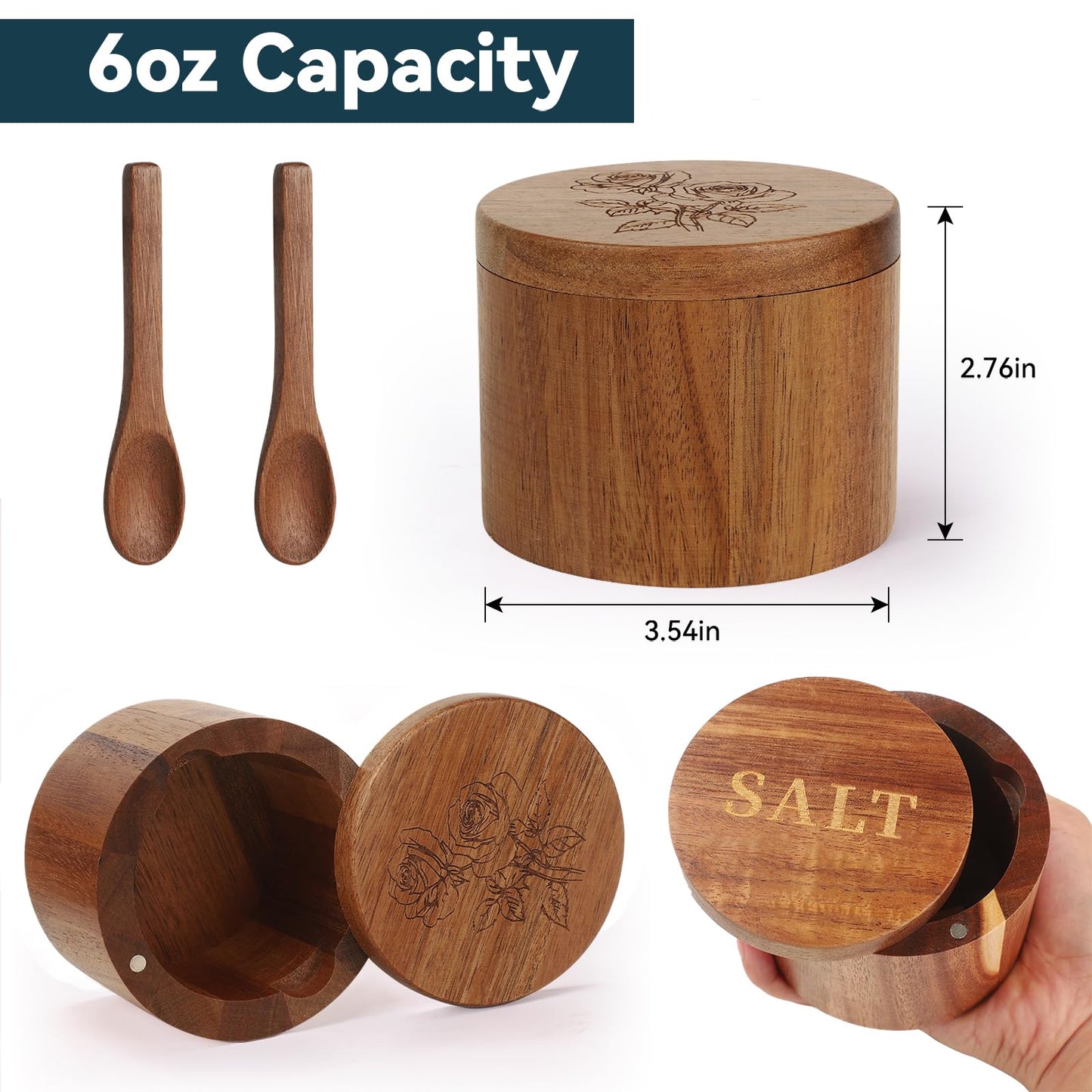 Timtopno Salt Cellar, Acacia Wood Salt Container with Built-in Spoon & Swivel Lid, Engraved SALT Box, Salt Holder Bowl for Countertop Seasoning Storage