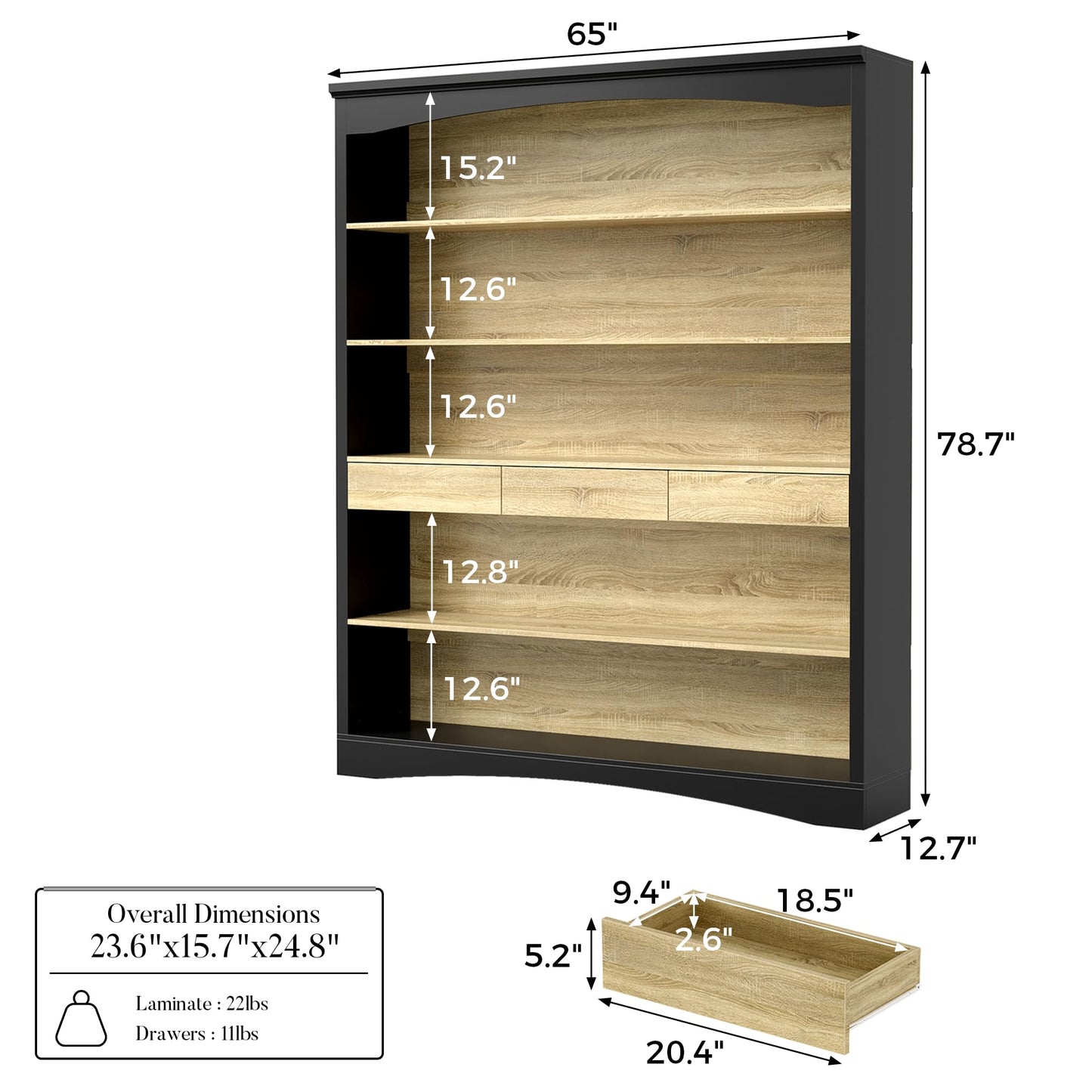 Bookcase Wall with Ladder Black & Wood Grain