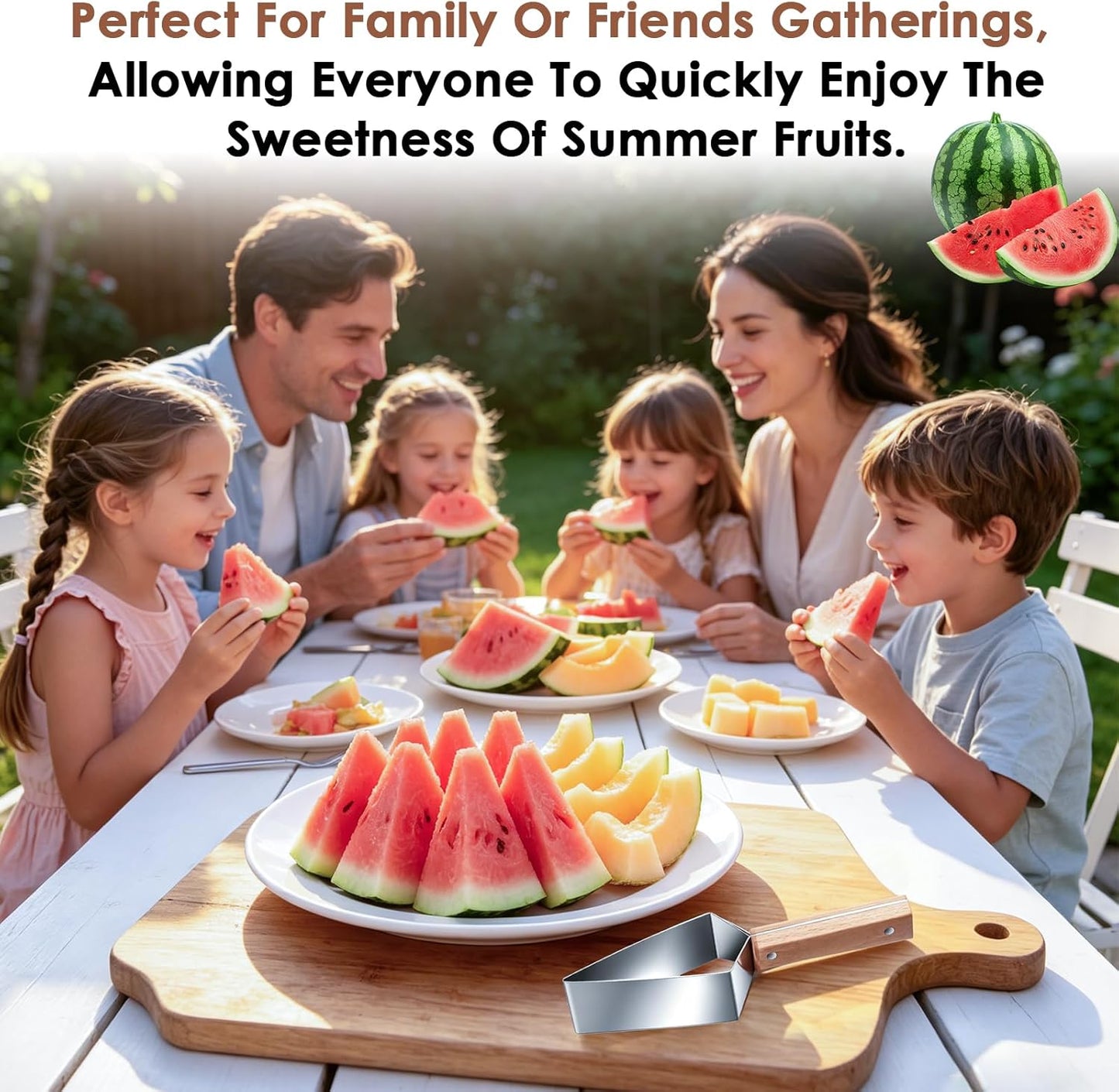 2Pcs Stainless Steel Watermelon Slicer,2026 New Triangle Watermelon Cutter,Handheld Watermelon Cutting Tool Stainless Steel with Wooden Handle for a Variety of Fruits Watermelon, Cantaloupe, Honeydew