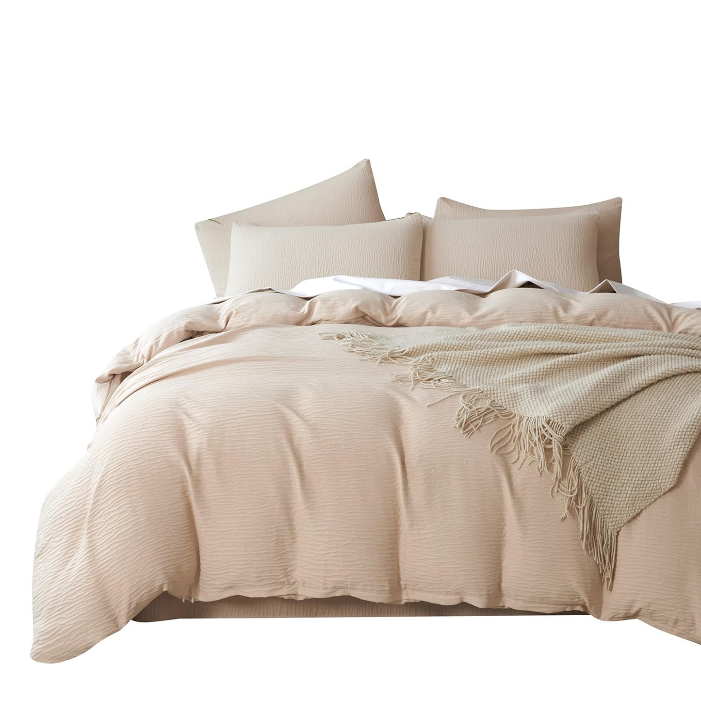 Striped Duvet Cover Queen Beige Washed Microfiber Jacquard 3 Pieces Bedding Set, White Beige Vertical Ticking Stripes Pattern Comforter Cover with Zipper Closure Breathable Durable Soft Comfy