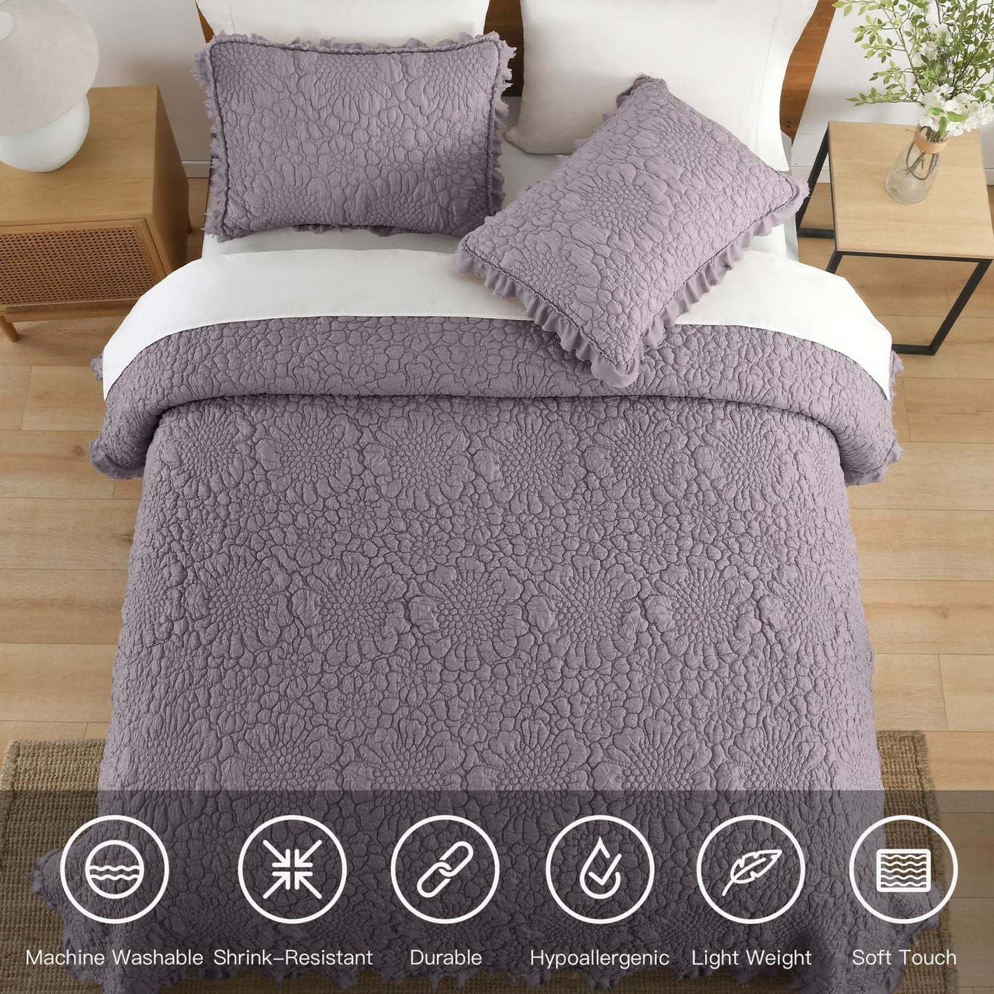 Ruffled Quilt Stone-Washed Lightweight Crinkled Shabby Chic Bedding Set