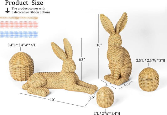Easter Decorations for Home – 5 Pieces Rattan Effect Bunny & Egg Set, Easter Bunny Figurines with Rattan Decor Style for Easter Table Decor & Spring Home Decorations