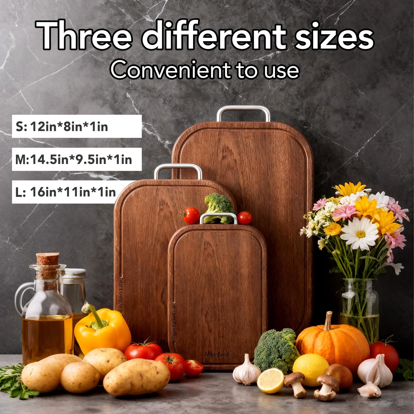 3Pack Wood Cutting Board, Solid Ebony Wooden Cutting Boards for Kitchen, Double-Sided Butcher Block with Juice Groove, Non-Slip Feet, 1" Thick Chopping Board for Meat And Vegetables