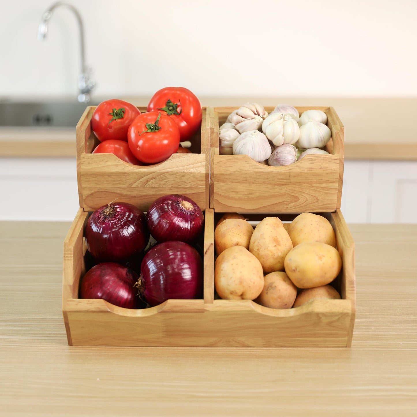 HOMESTEAD Stackable Solid Wood Storage Bins for Kitchen Pantry & Countertop, Ventilated Potato and Onion Basket Organizer with Handles, Wooden Produce Storage Containers, 3-Pack, Chestnut Finish