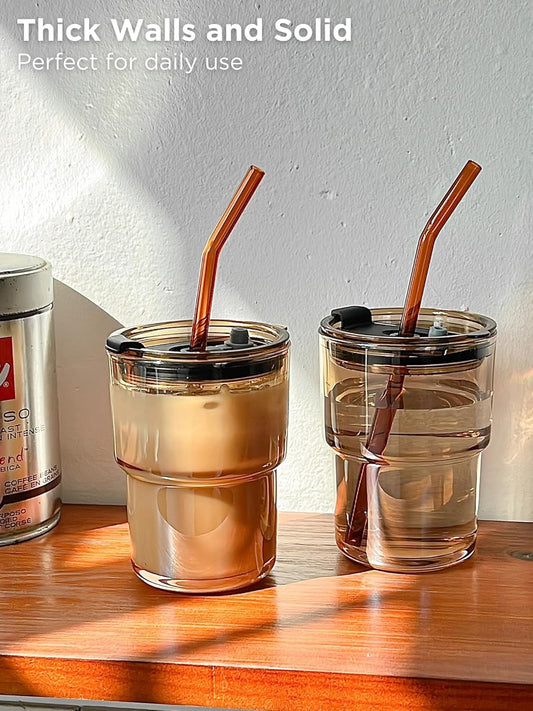 13oz Glass Tumbler with Straw and Lid, Reusable Iced Coffee Cup Tumbler, Cute Glass Cups for Water, Matcha, Travel Coffee Mugs (Amber - 13oz)
