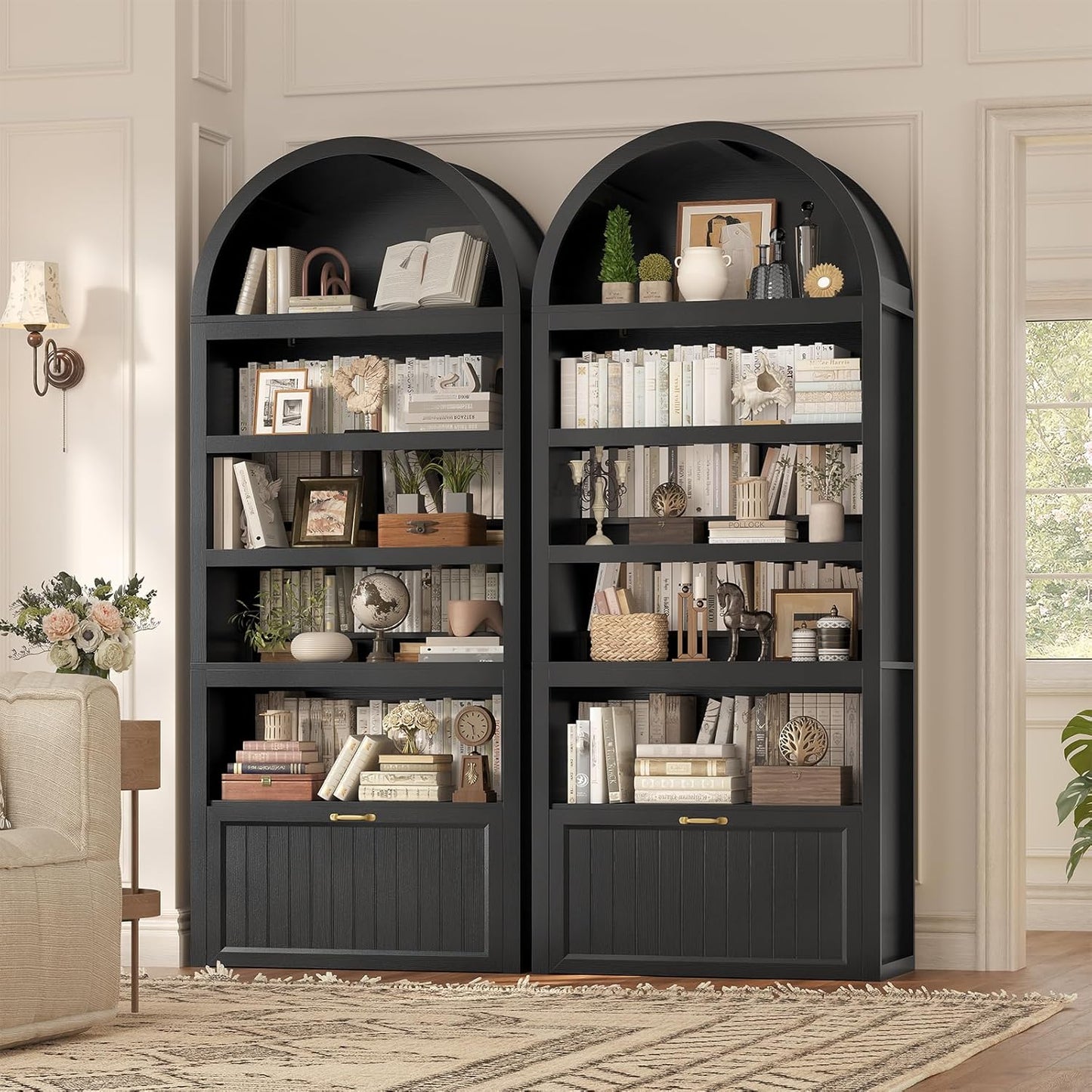 81" Tall Arched Cabinets,Bookcase with Drawer storage,Mid-Century Modern 5-Tier Bookshelf,2 Book Risers and Adjustable Shelves offering more storage space for Living Room,Kitchen,Home Office,Black