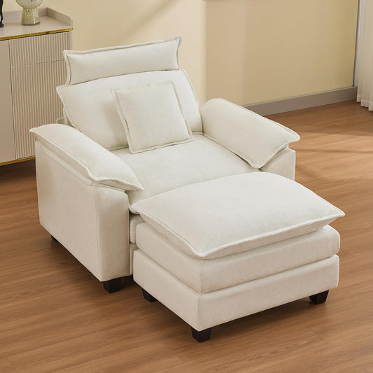 Cloud Oversized Sofa Chair with Detachable Headrest, Upholstered Comfy Arm Accent Chair with Ottoman,Modern Chenille Reading Lounge Armchair for Living Room,Bedroom, Beige