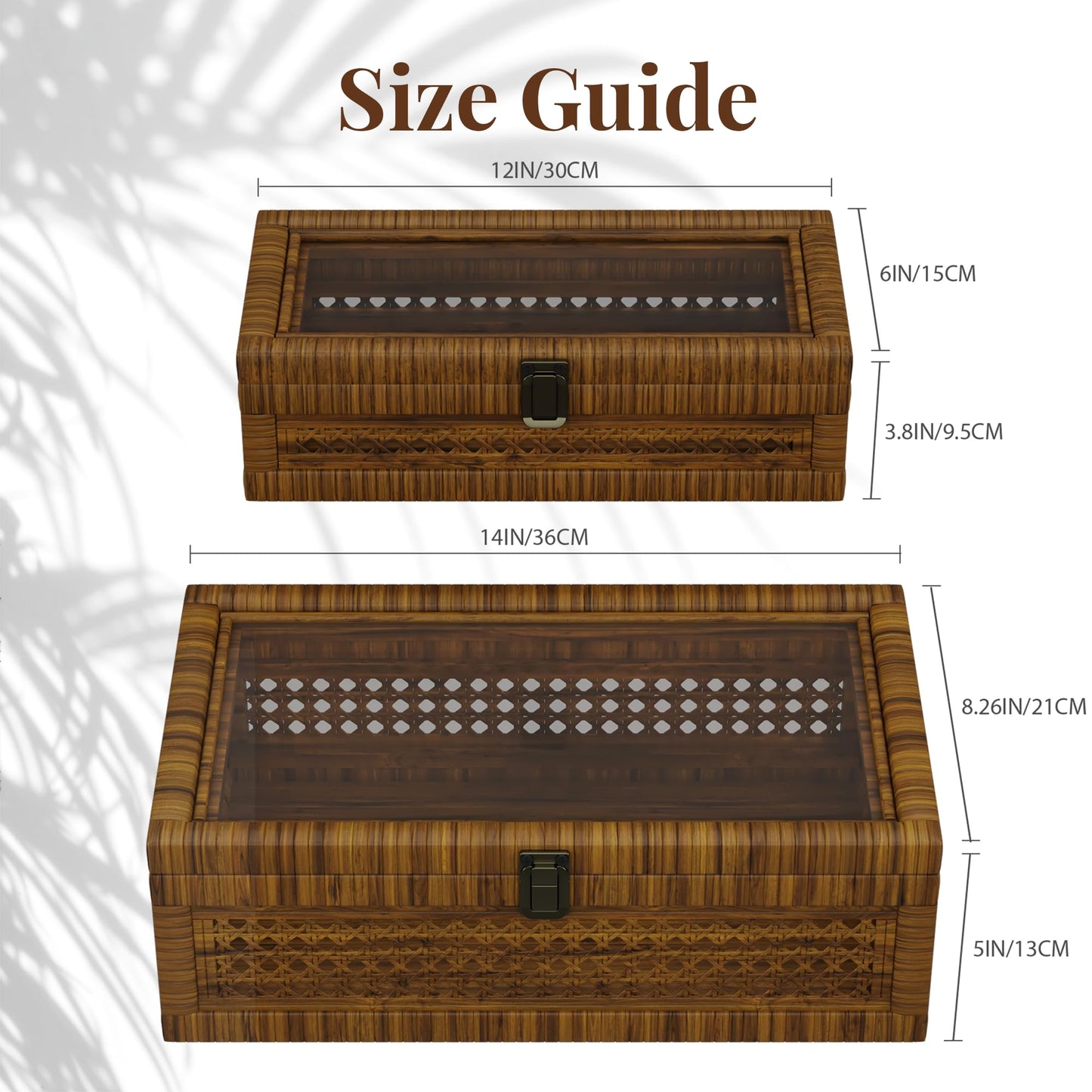 Rattan Decorative Box,Boho Display Boxes with Lids,Set of 2 Rectangular Wicker Storage Decoration,Natural Woven Cane Bins for Home Decor for Rustic Farmhouse(Yellow and Black)