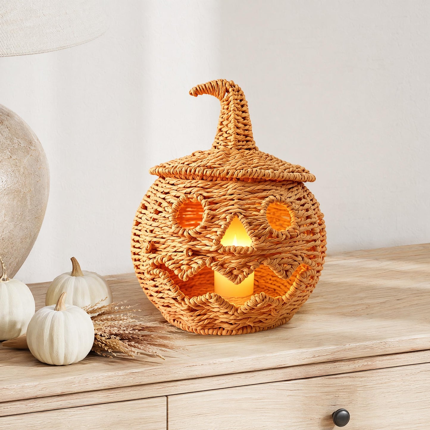 Rattan Lantern Pumpkin Candle Holder with Witch Hat Shape Lid