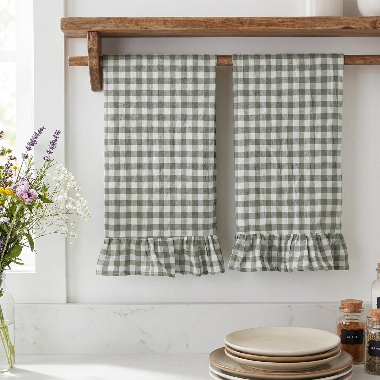HunnmingRe Taupe Kitchen Towels Set of 2, 100% Cotton Ruffled Gingham Dish Towels 18"x28" Tea Cloths Classic Plaid Pattern for Farmhouse Charm, Drying Dishes, Entertaining Guests