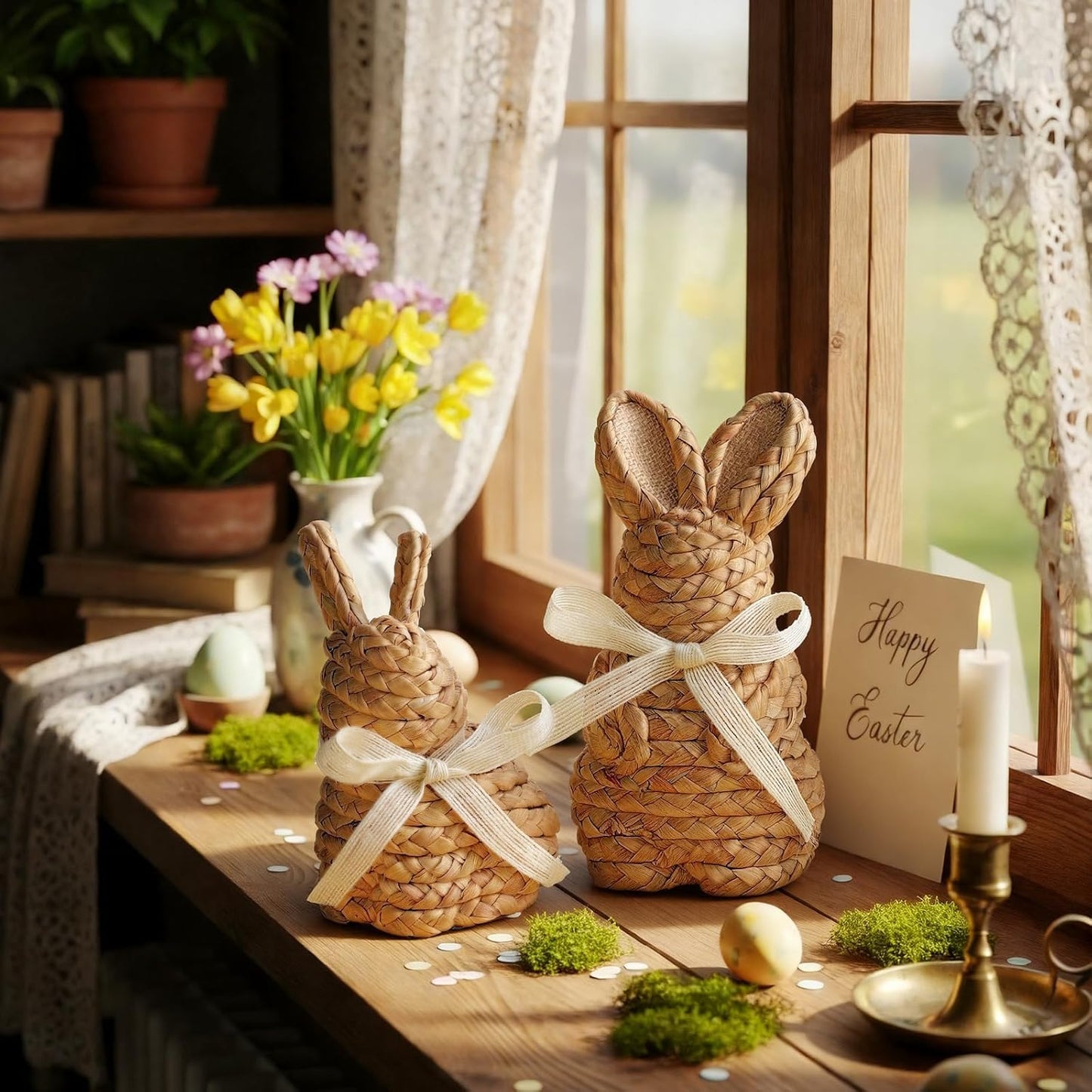 Kathfly Set of 2 Easter Woven Bunny Decor 7 Inch 8 Inch Natural Rattan Easter Bunny Figurine Spring Woven Rabbit Figurine Statues Table Centerpieces Decorations for Home Farmhouse Decor