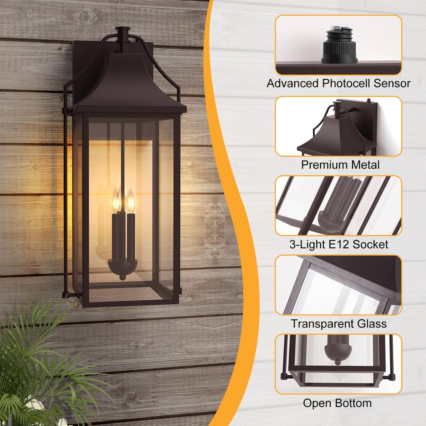 Outdoor Wall Lights Fixtures, Large Size Dusk to Dawn Waterproof Exterior Lanterns, Modern Porch Sconce Wall Mounted with Glass