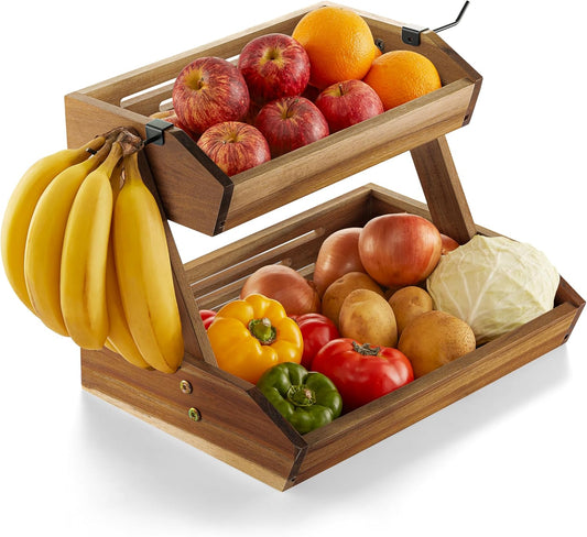 Supper Large Size Fruit Basket, Fruit Bowl, 2 Tier Fruit Basket with Banana Holder, Fruit Stand Storage Holder, Multipurpose/Large Capacity for Fruit, Vegetables, Bread Storage & Home Kitchen