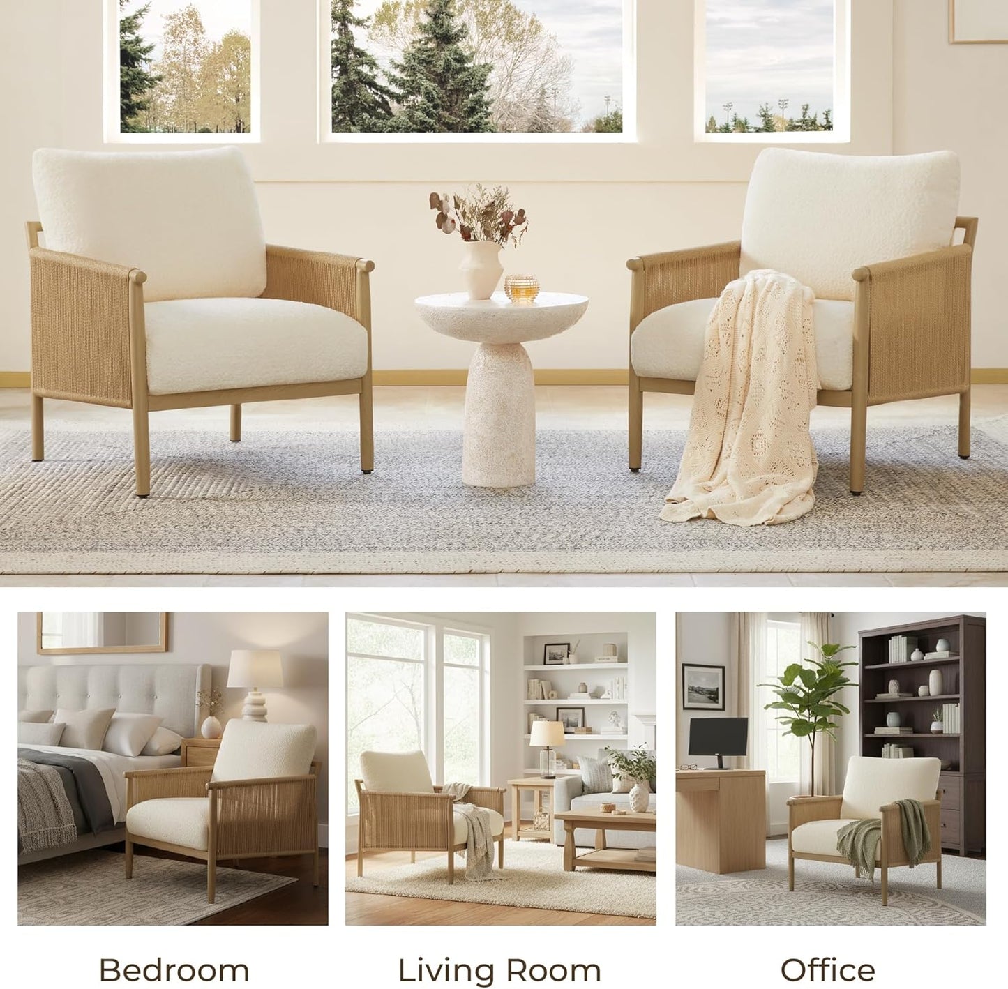 CHITA Braid Accent Chairs, Modern Armchair with Wood-Like Finish Metal Frame for Living Room and Bedroom, Boho Reading Chair, Cream