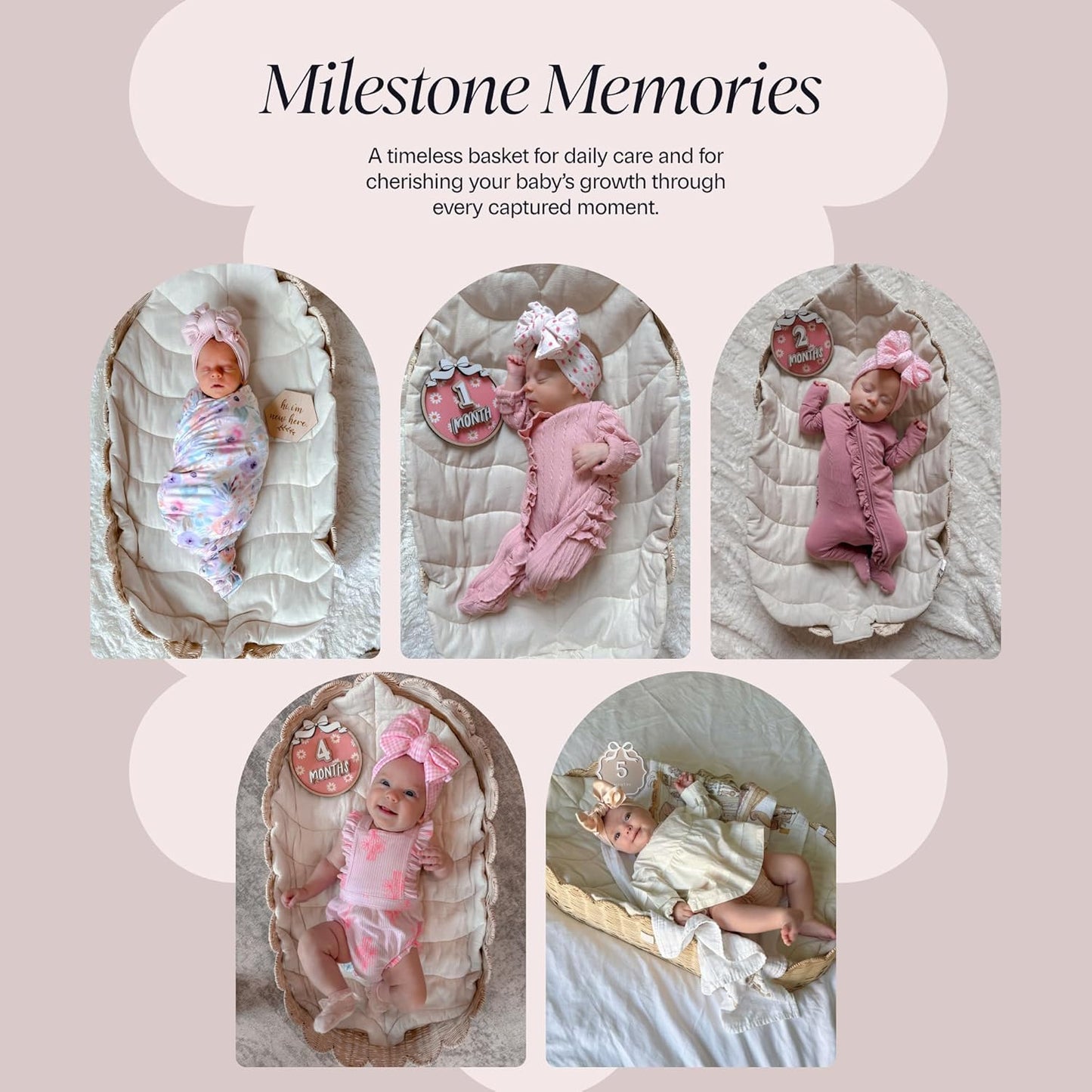 BEBE BASK Premium Baby Changing Basket - Artisan-Crafted Scalloped Rattan - Changing Basket for Baby Dresser - All Accessories Included - Complete Set for Nursery (Mocca)