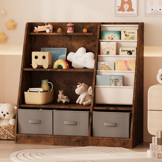 NACHES Kids Bookshelf and Toy Storage Organizer, Montessori Nursery Book Shelves with Sling Rack & Fabric Toy Bins, Children Toddler Baby Bookcase, Wooden Toy Shelf for Kids Room, Playroom, Burlywood