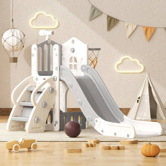 YUFU 5 in 1 Toddler Slide, Kids Slide with Climber, Basketball Hoop and Ball, Outdoor Indoor Playset for Toddlers Age 1-3 (Beige+Coffee)