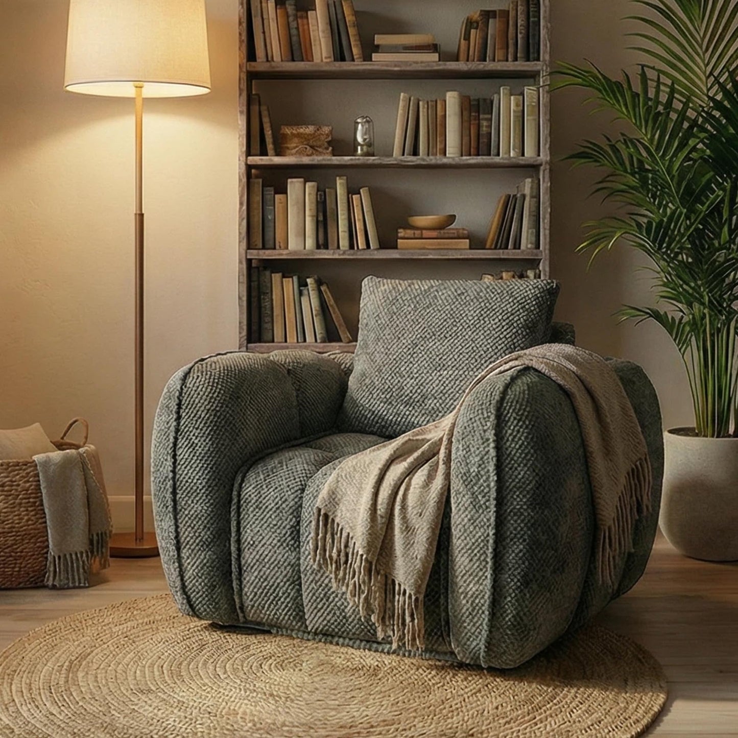 Furnimart Pumpkin Single Sofa, Oversized Could Comfy Accent Chair, Foam Boneless Chair Wide Seat, Modern Small Couch for Living Room, Bedroom, Assemble Free(Beige)