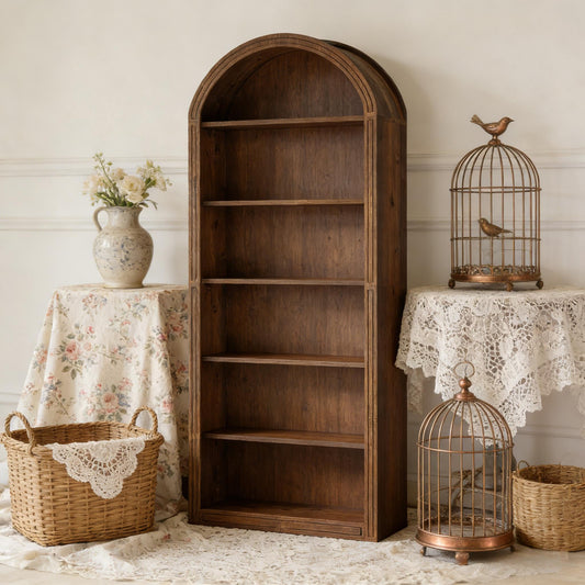 Arched 8 Tier Tall Bookshelf with Wood Back Panel