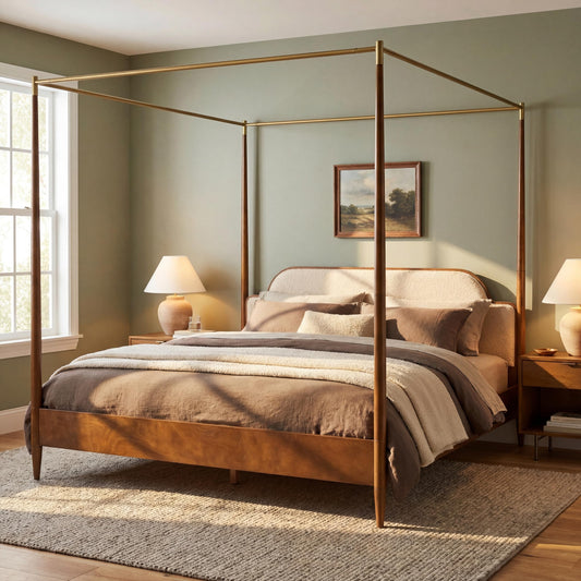 Vintage Upholstered 4-Poster Canopy Bed