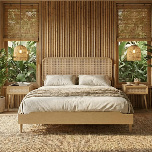 King Platform Bed with Natural Rattan Headboard