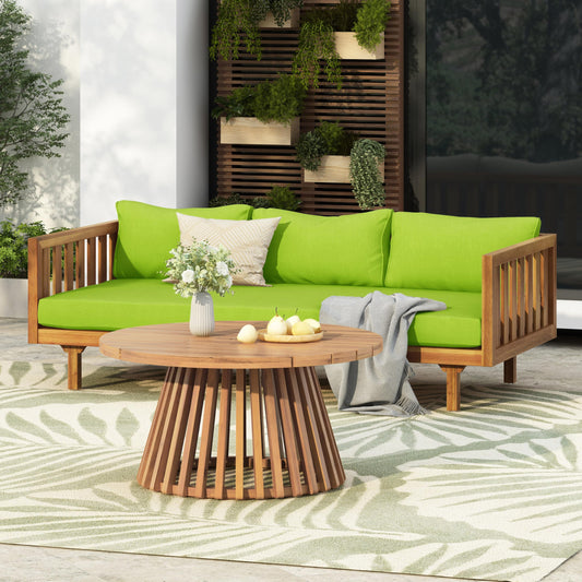 Outdoor Acacia Wood Conversation Set, 3-Seat Loveseat Sofa w/Cushion and Round Coffee Table for Backyard, Patio Furniture, Teak+Beige