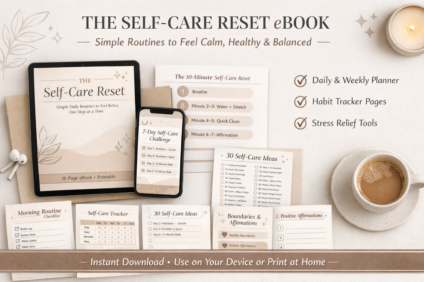 The Self-Care Reset eBook | Printable Self-Care Guide + Trackers (18 Pages)