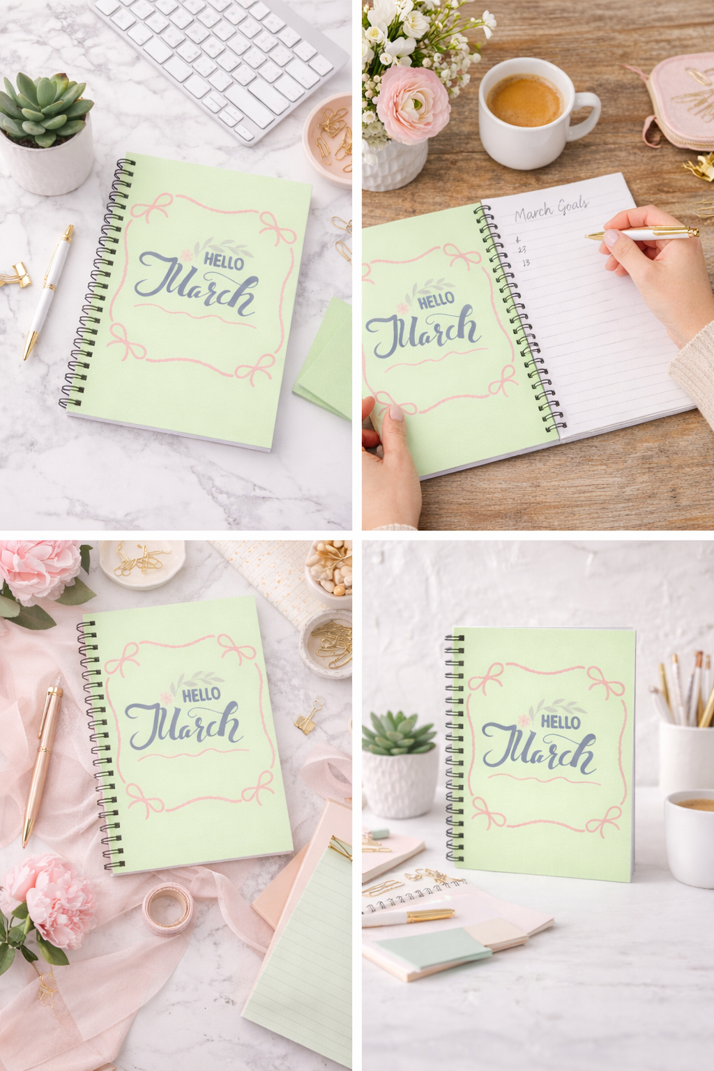 Hello March Spiral Notebook — Spring Floral Ruled Journal