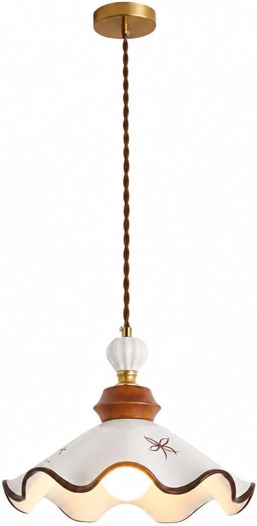 Vintage Ceramic Pendant Light with Scalloped Wavy Shade