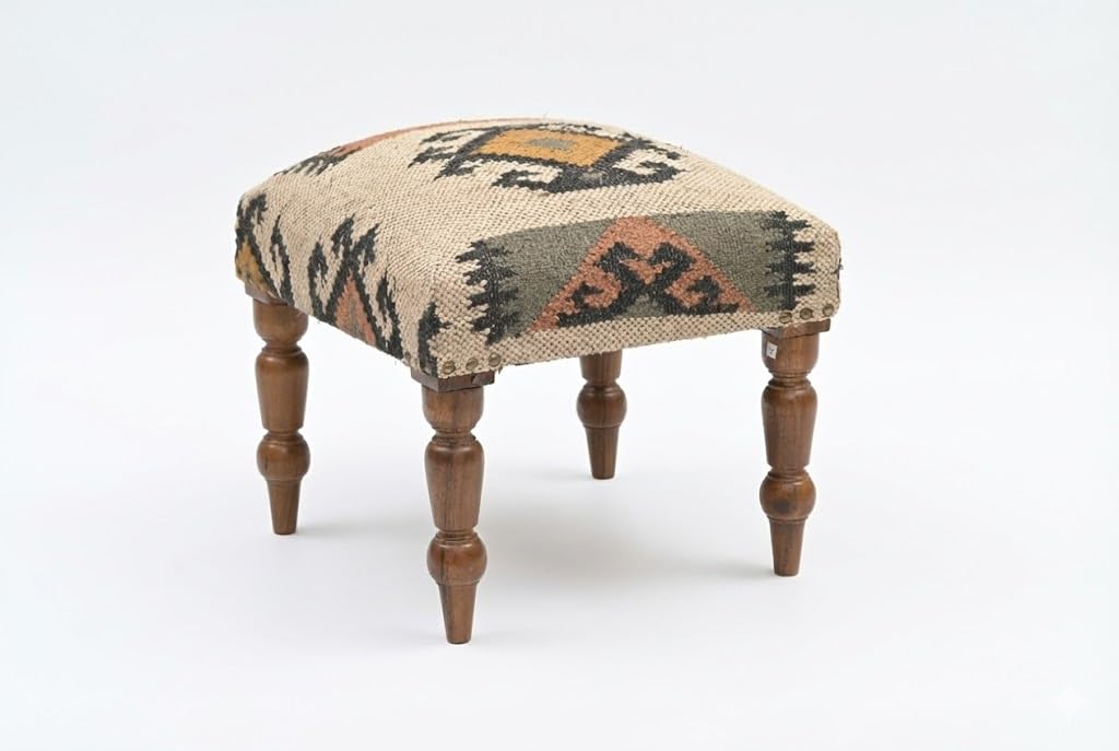 Handmade Jute Ottoman Stool with Wooden Legs