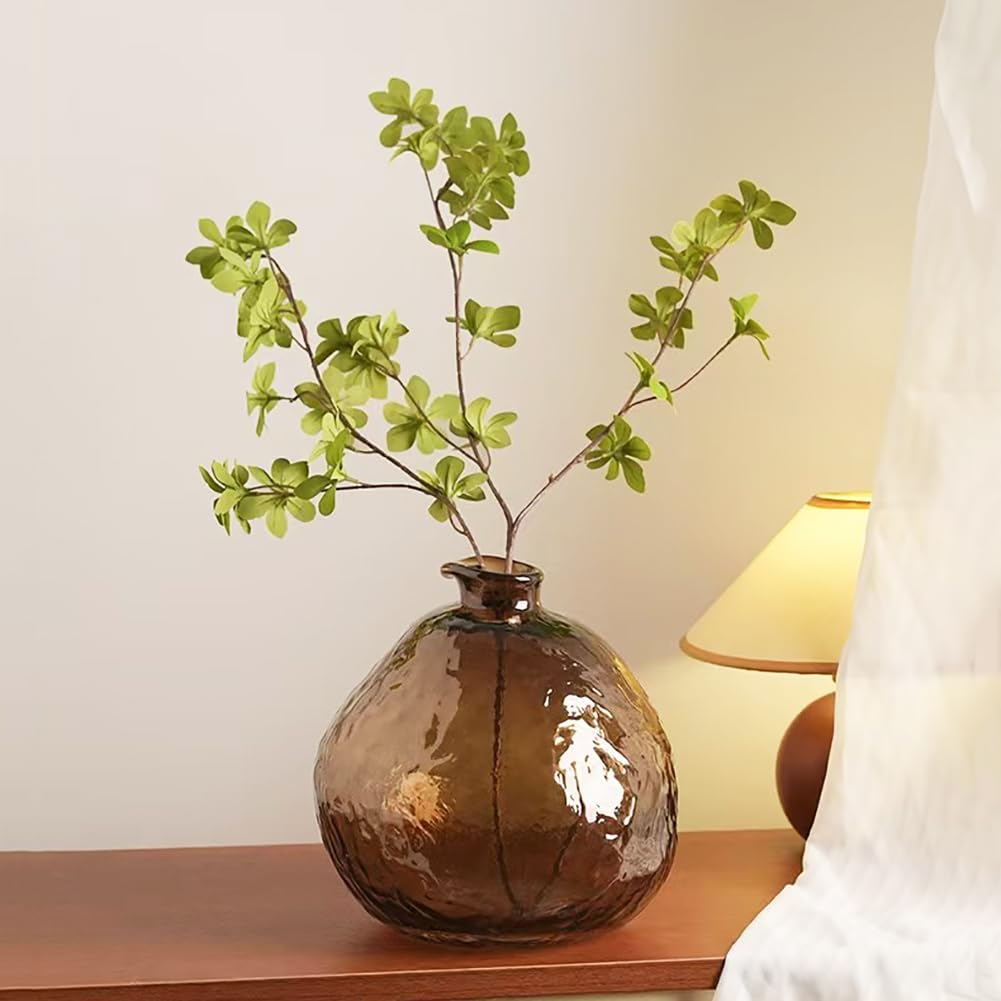 Unique Hammered Brown Glass Vase for Plants Decor Ribbed Embossed Flower Vases for Centerpieces Living Room Entrance Table Decoration,Brown