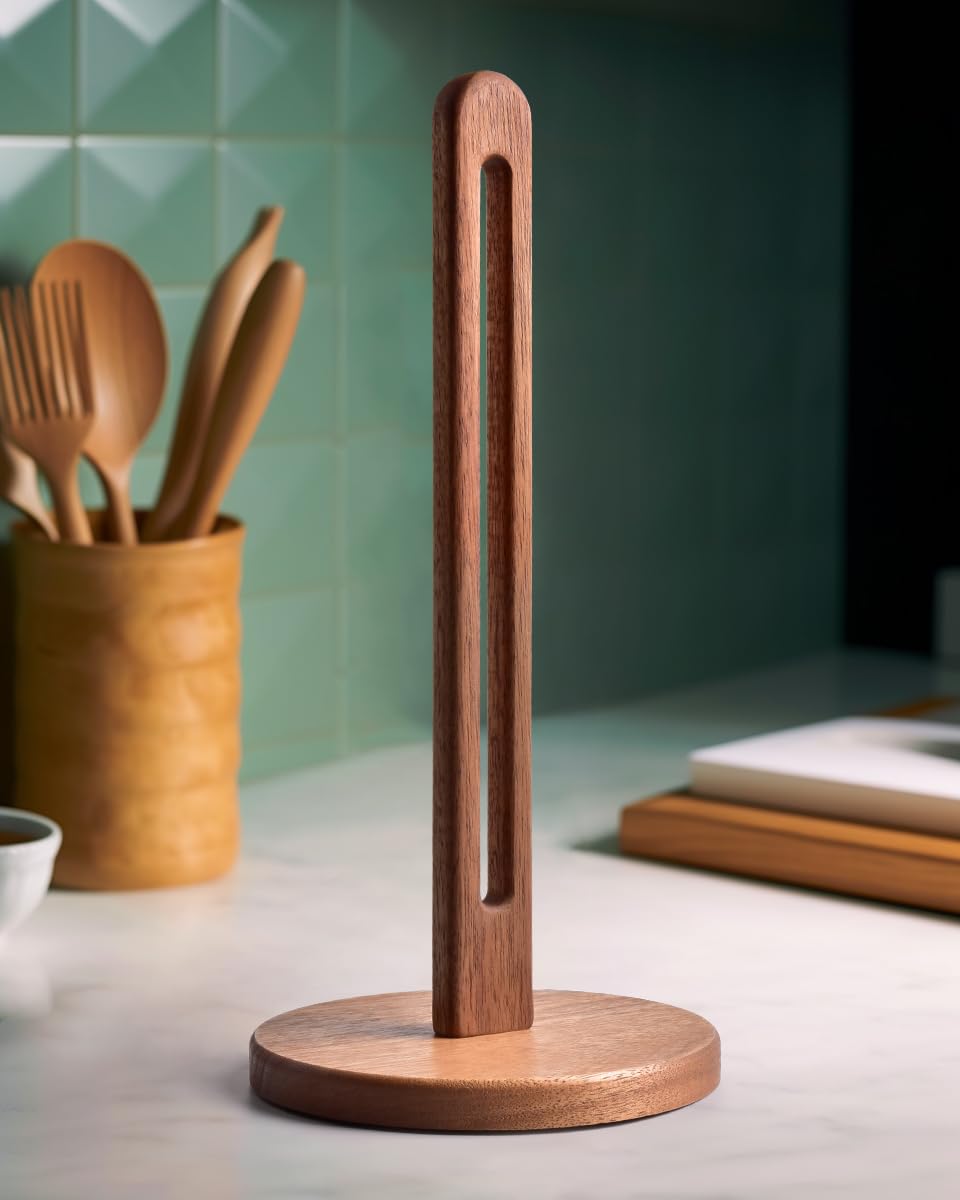 KitchLife Acacia Wooden Paper Towel Holder Countertop, 6.5" Jumbo Base, Fits Jumbo Rolls, Large Freestanding Dark Wood Paper Towel Stand Upgraded Dispenser Organizer with Non-Slip Base