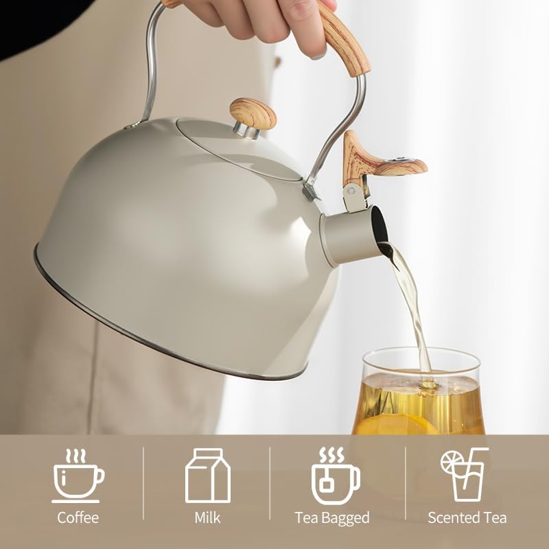 Stove Top Kettle, 2.5 Quart Whistling Kettle for Gas Hob with Wood Pattern Handle Loud Whistle Food Grade Stainless Steel, Anti-Hot Handle and Anti-Rust, Suitable for All Heat Sources